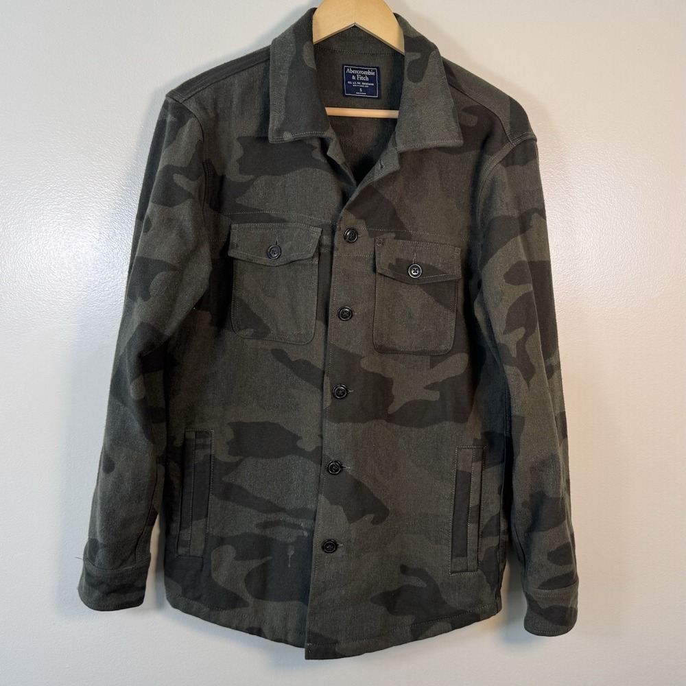 Abercrombie & Fitch Camo Military Shirt Jacket Mens S Olive Green Small Utility
